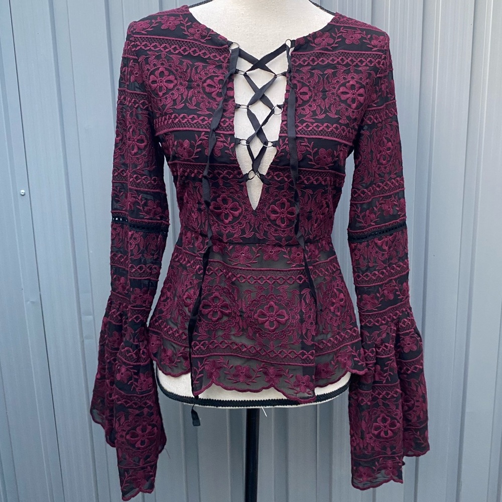 Nasty Gal Burgundy Lace-Up Embroidered Blouse